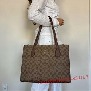 Coach CL399 Nina Signature Tote Khaki Saddle Brown Leather Large Shoulder Bag